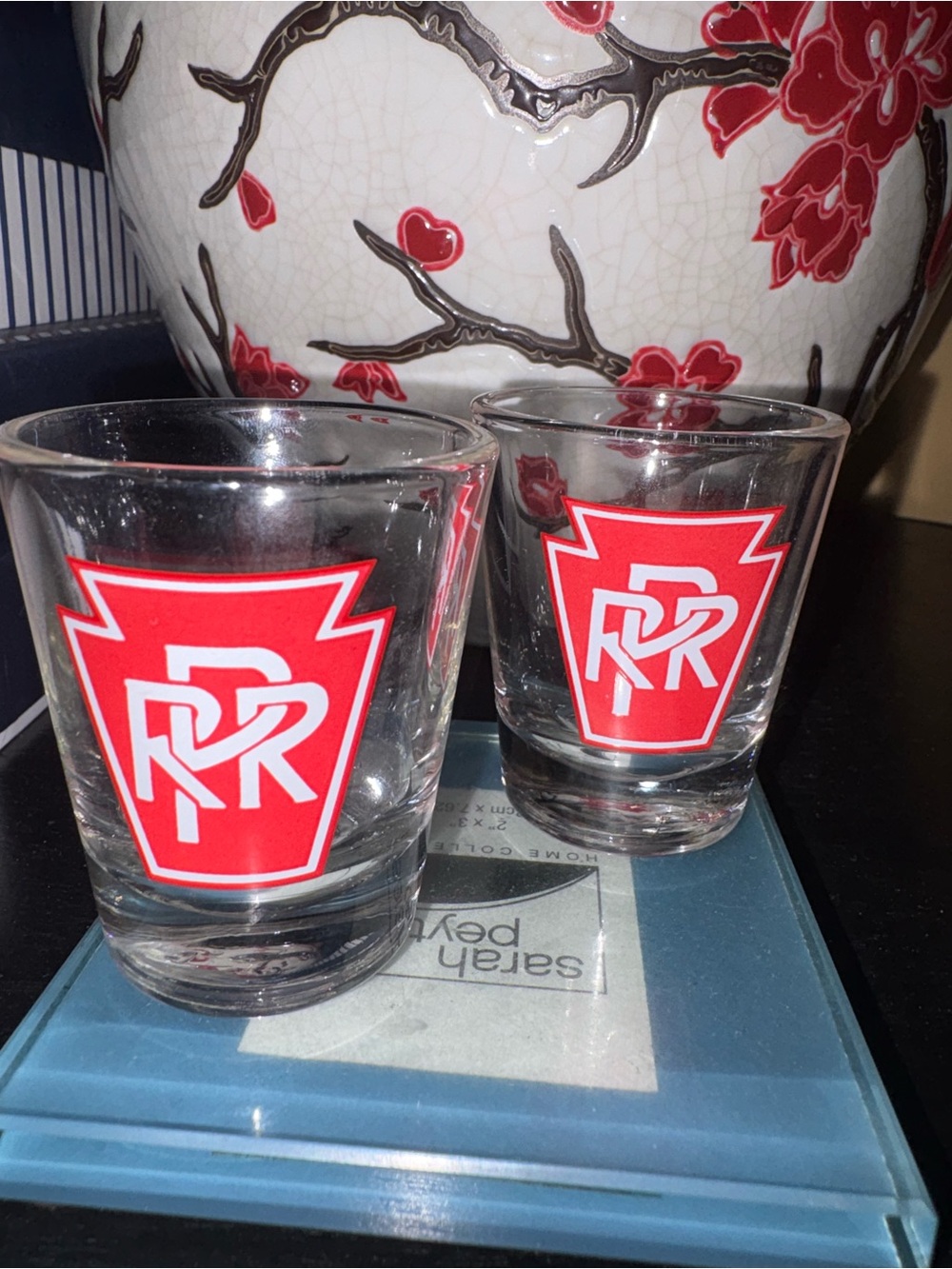 Pennsylvania Railroad PRR Logo Shot Glasses Set of 2, 1 fl oz Painted Glass